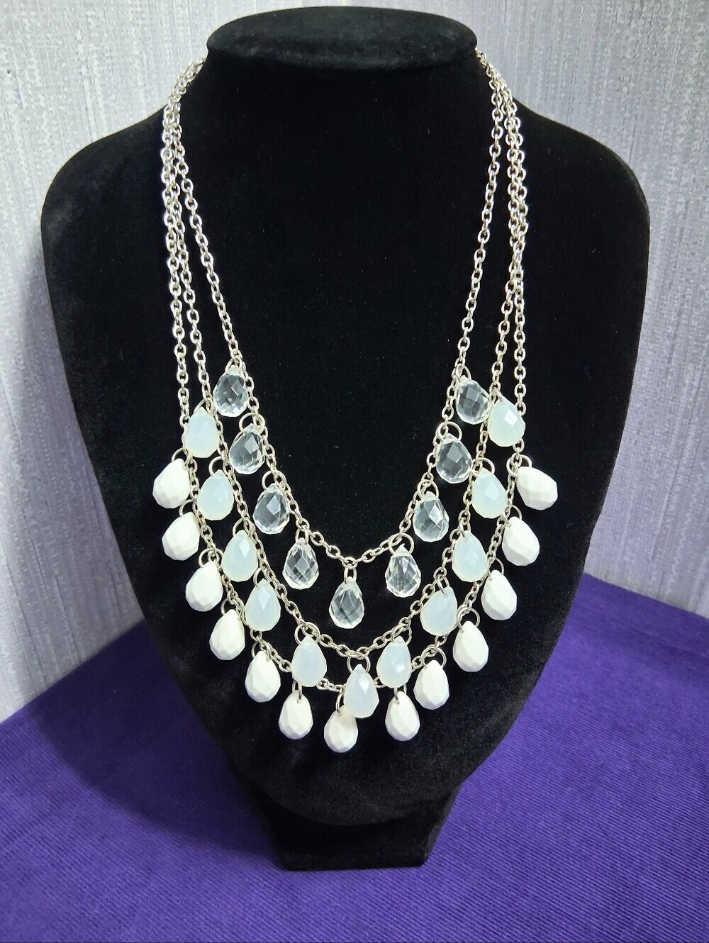 Ice Drops Statement Necklace Silvertone Chain